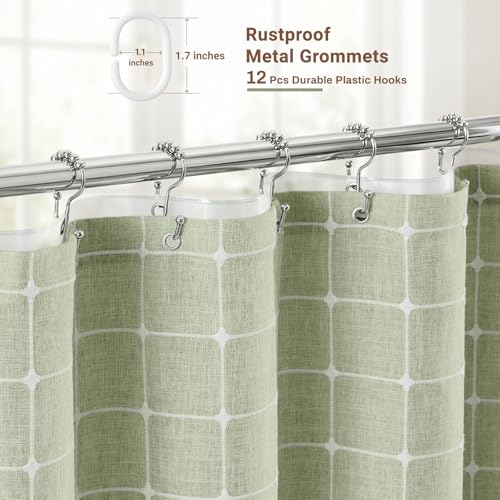 Image of BTTN 3 in 1 Shower Curtain with PEVA Liner, Sage Green Boho Linen Fabric Shower Curtain Set with Plastic Hook, Farmhouse Bohemian Country Cute Waterproof Cloth Shower Curtain for Bathroom, 72x72