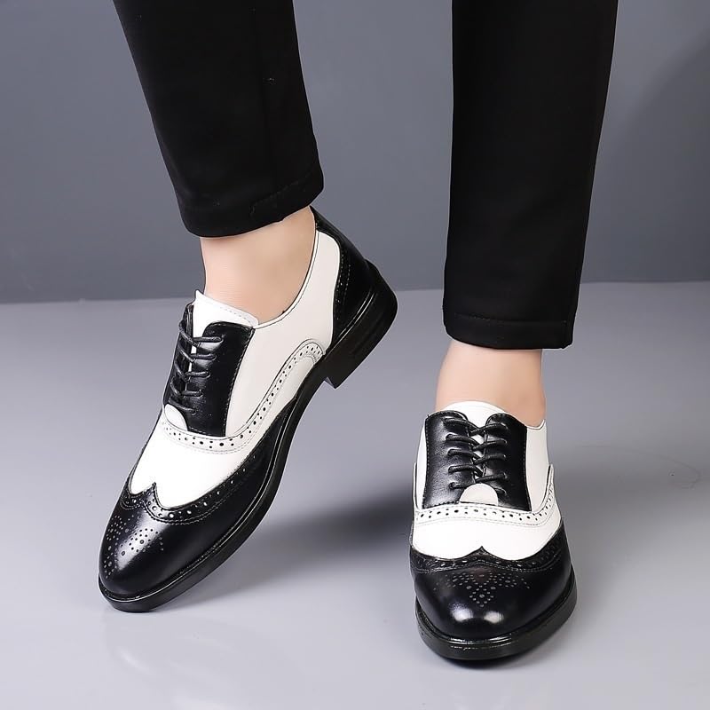 Comfortable Dress Shoes for Men Retro Lace Up Brogue Embossed Wing tip Two Tone Leather Oxford Shoes Rubber Sole Block Heel Anti-Slip Low Top Prom3