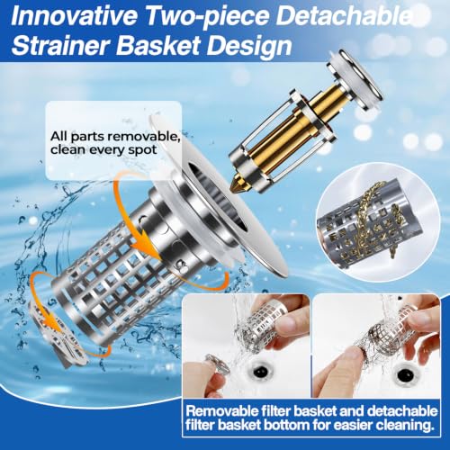 Image of Bathroom Sink Stopper, Pop-up Sink Drain Strainer with Removable Stainless Steel Strainer Basket Hair Catcher, Bathroom Sink Strainer for Bathroom Sink Stopper (2PCS)