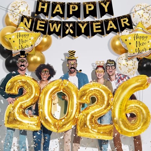2026 Happy New Years Decorations Set New Years Eve Party Supplies 2026, Gold Numbers 2026 Balloons, New Year Photo Props and Happy New Year Glasses - Image 5