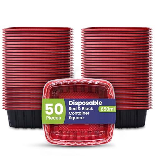 SNH Packing 50 Pack Disposable 650ml Square Black & Red Microwave-Safe Food Container with Lid - Reusable Meal Prep Takeaway Freezer Safe