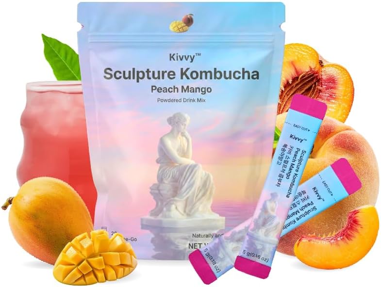 Kivvy Fizzy Probiotics Kombucha Drink with Lion's Mane, Lemon Balm, Probiotics & L-Theanine | No Added Sugar, 5 Calories | Powdered Drink Mix (Peach Mango | 20 Servings)