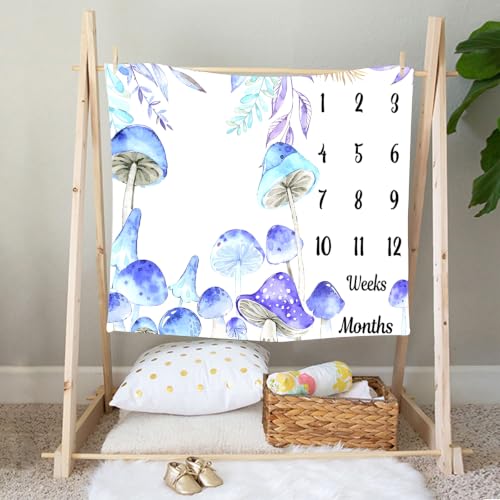 Image of Mushroom Theme Baby Monthly Milestone Blanket, Soft Flannel Watercolor Spring Tropical Eucalyptus Leaves Botanical Photography Prop Newborn Baby Shower Age Growth Tracker (Blue, 60x40in)