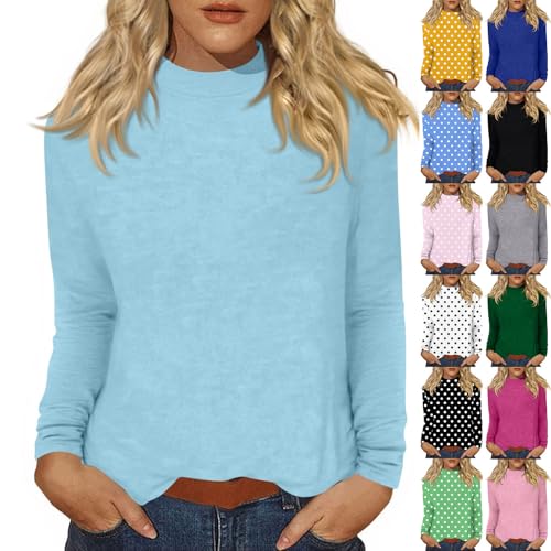 Womens Long Sleeve T Shirts Fall Cotton Layering Plain Casual Mock Neck Tops Cute Comfy Loose Fit Basic Dressy Blouses Country Concert Outfits Turtleneck Tops for Women 2025, Sky Blue, M
