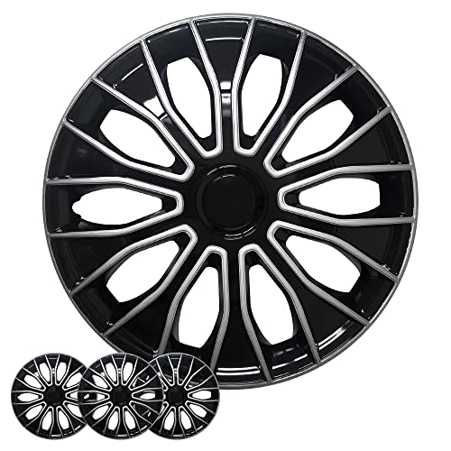 Shirry Group Hubcaps 4-Pack Kit, 14 inch Hub Caps Set of 4 Wheel Covers with Universal Snap-On Retention Rings, 2-Tone ABS Plastic Black and Silver Car Rims for All Models (SG-5086-DP-14)