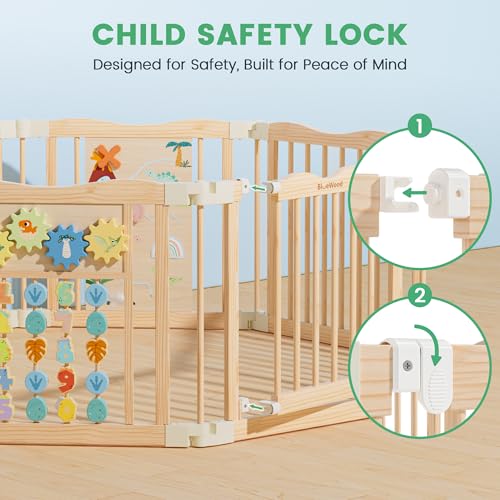 Image of Foldable Wooden Playpen - Adjustable Wood Baby Play Yard with Child-Proof Lock, Indoor Large Safety Fence for Babies and Toddlers - Easy Assembly, 55 x 55 x 24 inches, Dino Land, Natural