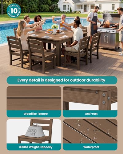 Image of SERWALL 59 inch Patio Dining Set for 8, HDPE Dining Set, Brown | Include 2 Rectangular Tables and 8 armless Chairs, All Weather Dining Sets for Garden, Backyard