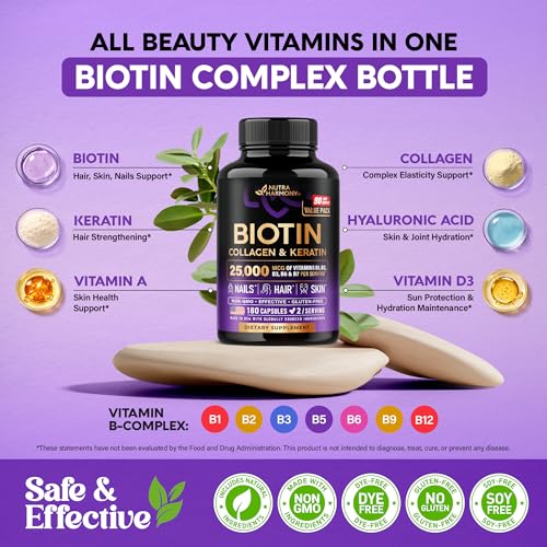 Image of Biotin | Collagen | Hyaluronic Acid | Keratin - Support Normal Hair Growth Cycle, Skin & Nails - Clinically Tested - 25000mcg Vitamins B1, B2, B3, B6 & B7 - for Women & Men - 180 Capsules