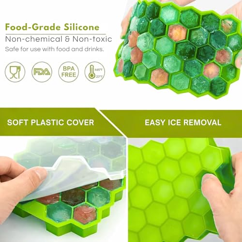 Image of Solitude 2 Pcs Flexible Silicone Ice Cube Trays for Freezer | Stackable, Soft Easy-Release Honeycomb Shape 74 Cavities Small Cubes Tray with Lid for Bar Whiskey Cocktail Fridge (Green)
