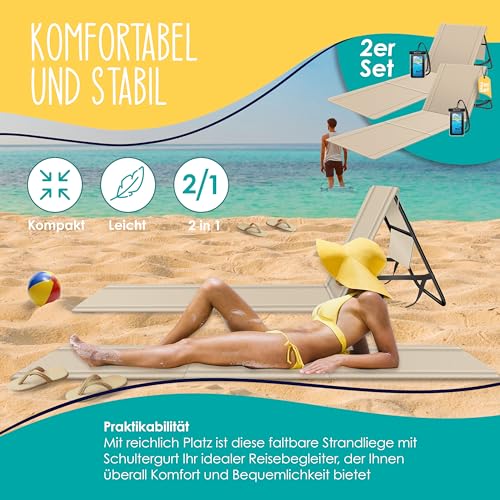 KESSER® 2er Set Strandmatte klappbar mit Verstellbarer Rückenlehne, Tragegurt, wasserdichter Tasche & Aufbewahrung – Faltbare Sonnenliege für Strand, Garten & Terrasse je 130 kg belastbar