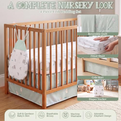 Image of Hahafelt 4 Pieces Crib Bedding Set for Girls and Boys, Soft Baby Bedding Set Including Crib Skirt, Comforter, Sheet and Diaper Stacker for Nursery(Elephant Theme)