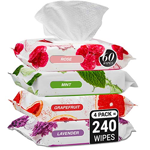 Herb & Luxe Face Wipes, Flip-Top Makeup Remover Facial Cleansing Wipes with Aloe Vera for Sensitive, Oily, dry Skin, Face/Hands/Body, Women/Men, 60 Count, Variety (Pack of 4 = 240 Wipes)