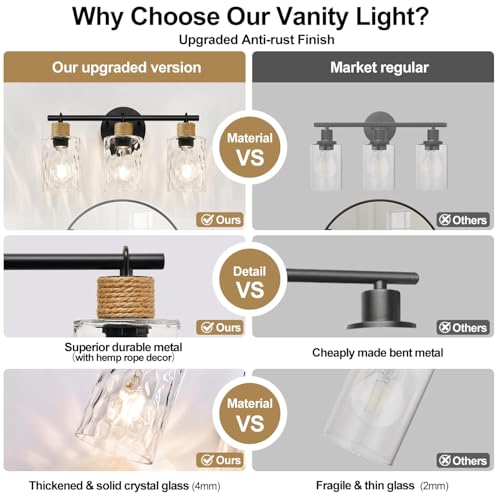 MOKATNG 2025 Upgrade Bathroom Light Fixtures, 3-Light Coastal Vanity Lights with Crystal Glass Shade, Black Bathroom Wall Lamp for Mirror Kitchen Hallway Cabinet - Image 5