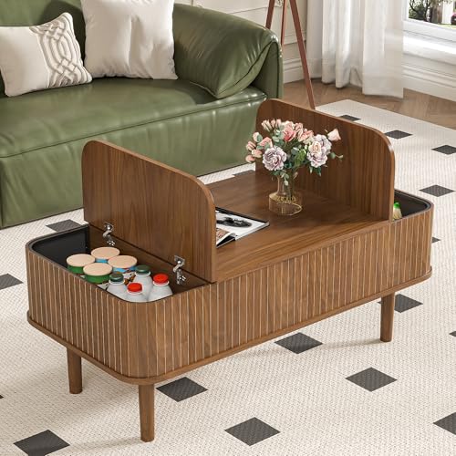 Image of Fluted Lift Top Coffee Table with Storage, Mid Century Modern Coffee Table for Living Room, Home Small Space,39.4 inch Fluted Center Table (Rectangle-Walnut, 39.4inch)
