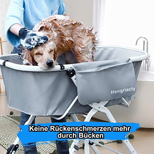Hengriacly Hundebadewanne, Erhöhtes Haustierbadewanne, Höhenverstellbarer Haustierpflegewanne max. bis 65kg, Collapsible und Tragbare, Badewanne für kleine bis mittelgroße Hunde und Katzen (Grau)