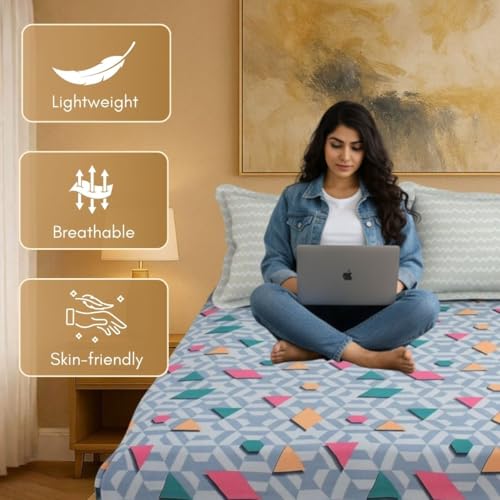 Image of Mafatlal Luxe Lilac 140 GSM Queen Size Microfiber Bedsheet with 2 Pillow Cover for Double Bed, 90x100 Inch - Teal, Premium, Lightweight & Durable
