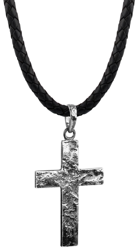Kuzzoi Männer Lederhalskette mit Kreuz Anhänger aus massiven 925 Sterling Silber, Kette aus geflochtenem Rinderleder in schwarz, Dicke 5,5mm, markante exklusive Herren Ketten mit Anhänger