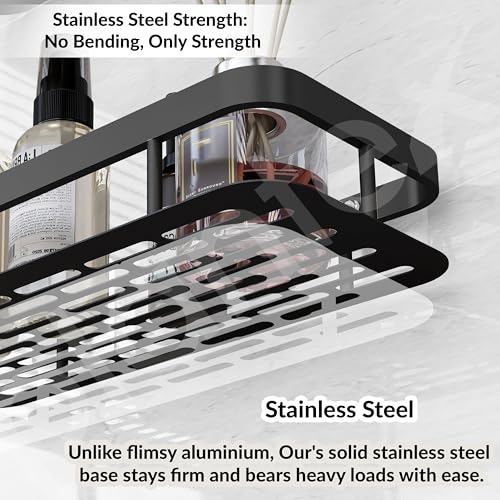 Image of Plantex Self Adhesive Bathroom Shelf /Bathroom Organiser Without Drill /Stainless Steel Bathroom Shelf Rack with Aluminium Railing /Kitchen Stand-Pack of 1(12x5 inch, Black)