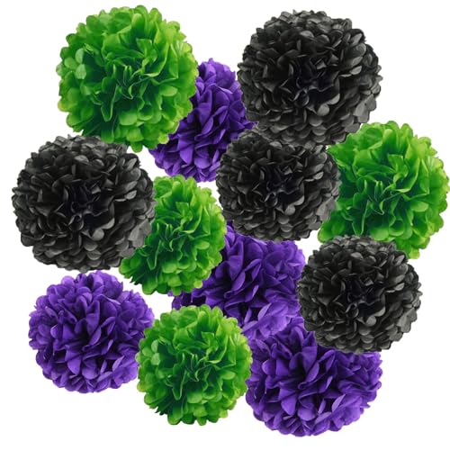 Image of 12pcs Green Purple and Black Paper Pom Poms Decorations for Halloween Party Ceiling Wall Hanging Tissue Flowers Decorations - 3 Colors of 12 Inch, 10 Inch.