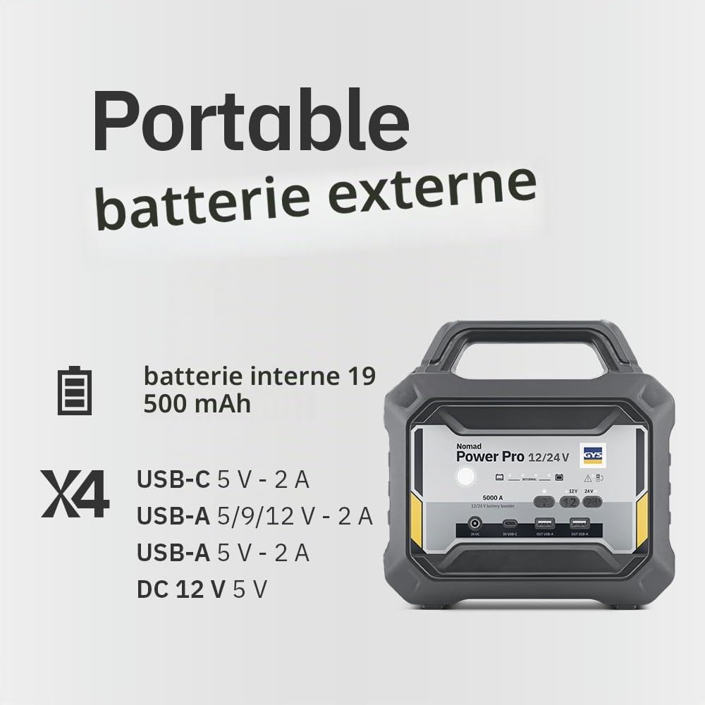 GYS, Nomad Power Pro 12/24V, Démarreur/Booster Batterie Lithium Portable 5000A, Véhicules 12/24V (Moto, Voiture, Camion), Démarrage Sécurisé, Batterie Externe 19,5Ah (PowerBank), Lampe LED