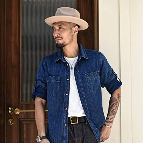 Herren Gestreiftes Hemd Jacquard Distressed Langarm Jeansshirt Herbst Herren Baumwollhemd Dunkelblau M – Bild 3