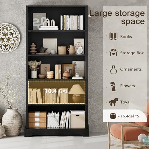 Image of TVU 5-Tier Wooden Bookshelf, 65 inch Tall Farmhouse Style Open Bookcase, 31.5 inch W Standing Book Shelf with Storage, Suitable for Study, Living Room, Office, Blcak