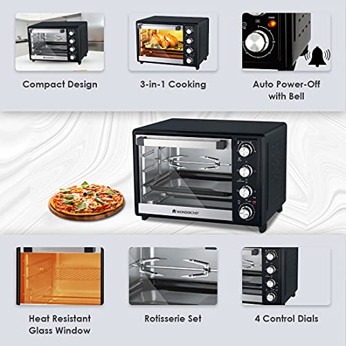 Image of Wonderchef Oven Toaster Griller (OTG) 32 Litres, Stainless Steel With Rotisserie, Auto Power-Off With Bell, Heat Resistant Glass Window