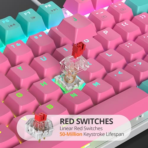 Image of surmen Full Size Pink Creamy Keyboard with Number Pad, 104 Keys RGB Wired Mechanical Gaming Keyboard Backlit with PBT Keycaps Linear Red Switch for Laptop Desktop PC Gamers(104 Miami)