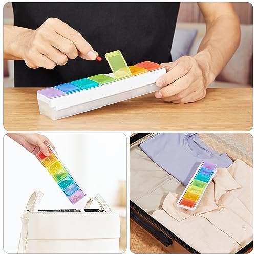 Image of Fullicon Weekly Pill Organizer 7 Day Quick Fill & Spill Proof Designed Large Pill Box with Free Labels Travel Medicine Organizer for Medicine, Vitamin, Fish Oil, Supplement (Rainbow Clear)