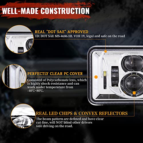 Bicyaco 4 Pcs Dot Approved 60W 4X6 Inch Led Headlights Rectangular Replacement H4651 H4652 H4656 H4666 H6545 Compatible With Peterbilt Kenworth Freightinger Ford Probe Oldsmobile Cutlass -Chrome #TOP1