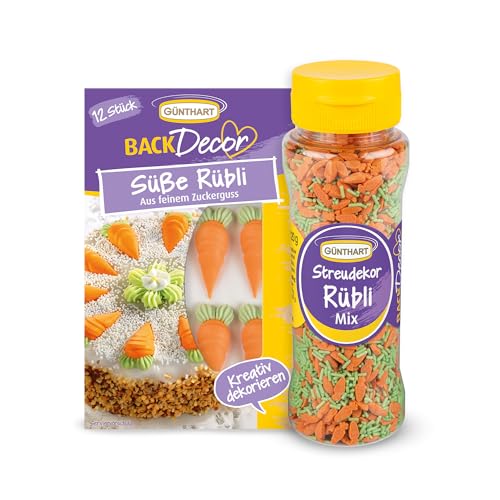 Günthart Zucker-Rübli Set 12 Zuckerdekor-Rübli & 120g Streudekor Rübli-Mix Perfekte Tortendeko für saftige Karottenkuchen Cupcakes & Ostergebäck Essbare Karotten-Deko für Backkreationen