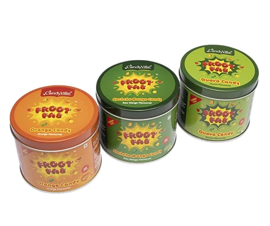 Image of CandyVille Frootfab Candy Tin Combo Pack (Pack Of 3) | Each Of Orange, Kachcha Mango And Guava Flavoured Candies | Mix Fruit Candies | Candy Pack | Sweets In Tin, 1020 Gram