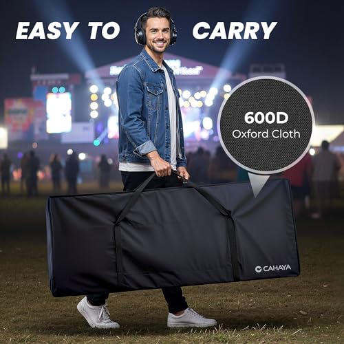 Image of CAHAYA DJ Booth Stand Portable - DJ Table Facade with Black & White Scrims DJ Stand Foldable for Laptop & Controller Double Top Corners, Storage Bag, Cable Holes, 40 inchL x 20 inchW, White