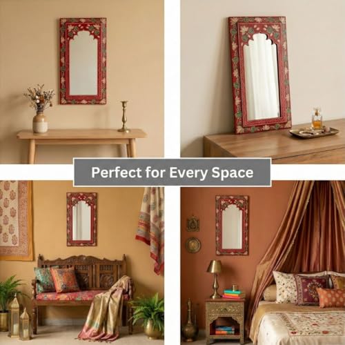 Image of Heritage Red Handpainted Wooden Mirror | Handcrafted Arch Design with Floral Motifs | Rajasthani Traditional Jharokha Style Mirror | Framed Wall Hanging for Home, Bedroom |18x9.5 Inch