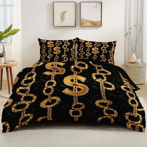 Schwarz Mädchen Bettwäsche 135 x 200 cm, Abstrakte Geometrische Goldene Dollar-Textur Weich Mikrofaser Kinder Bettbezug mit 2 Kissenbezug - Farbecht Wende Junge Bettwäsche Set mit Reißverschluss