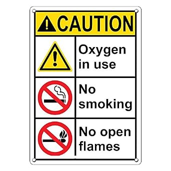 Weatherproof Plastic Vertical ANSI Caution Oxygen in Use No Smoking No Open Flames Sign with English Text and Symbol