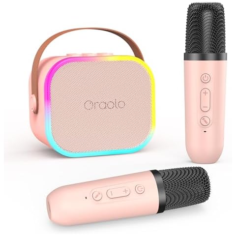 Oraolo BS03 Karaoke Machine with 2 Wireless Microphones, Portable Mini Karaoke Machine for Kids, Funny Magical Sound Modes, Indoor Karaoke Speaker Support Multi-Channel Connection Cover