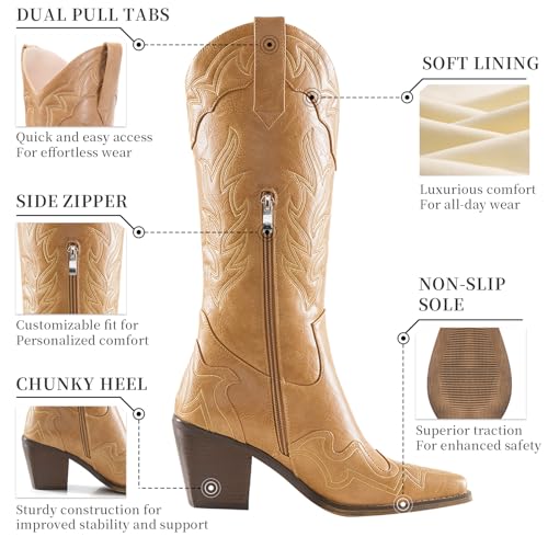 Image of ADAMUMU Womens Wide Calf Cowboy Boots Classic Western-Style Cowboys Boots for Women Pointed Toe Womens Cowgirl Boots with Chunky Heel Non-Slip Sole for Adding Timeless Elegance to Your Wardrobe