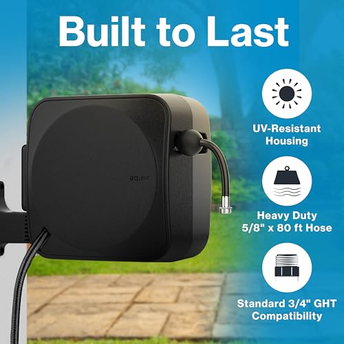 Image of Aquor Retractable Garden Hose Reel, 80ft x 5 /8 inch Retractable Water Hose Reel, Automatic Rewind with Wall Mount, 180 Swivel, Heavy-Duty UV-Resistant Casing (Charcoal)