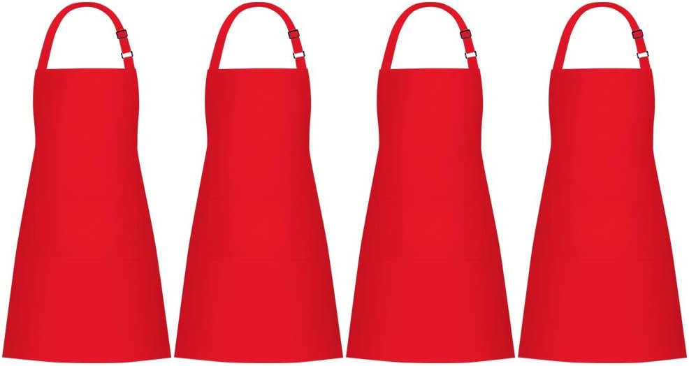Jubatus 4 Pack Bib Aprons with 2 Pockets Cooking Chef Kitchen Apron for Women Men, Red