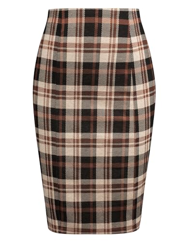 Kate Kasin Women Orange Plaid Pencil High Waist Knee Length Skirt