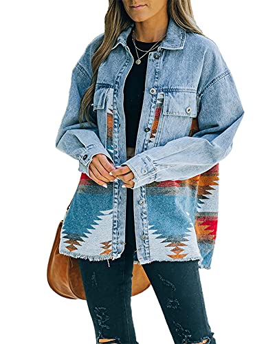 chouyatou Women's Ethnic Aztec Geometric Pattern Frayed Denim Jean Jacket Shackets