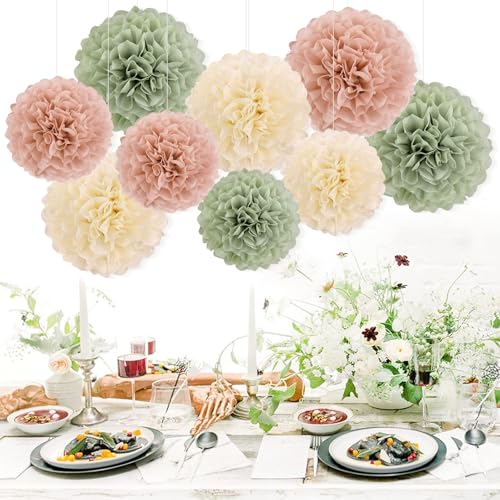 Image of EASY JOY Sage Green Tissue Pom Poms Paper Flowers Decorations Natural Green Boho Hanging Decor for Safari Jungle Party Bridal Shower Baby Shower Home Decor Nursery Birthday Backdrop 15PCS