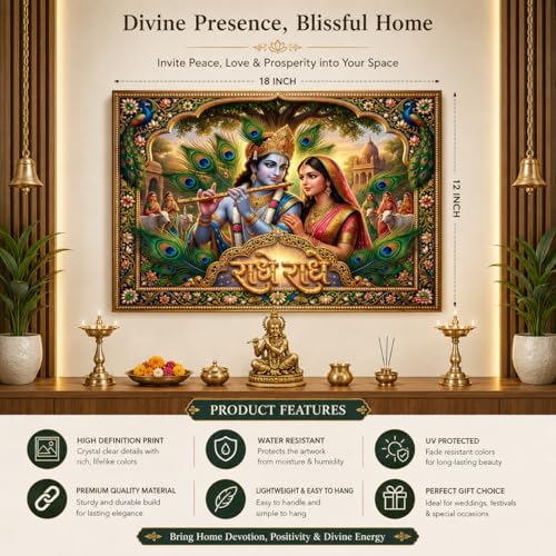 Image of Rangoli Radha Krishna Self Adhesive Poster 18x12 Inch | Radhe Radhe Hindu God Wall Sticker Poster with Peacock Design for Home Temple Pooja Room Living Room Decor