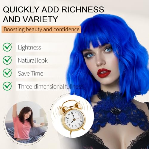 Image of AGO Blue Short Wavy Wigs with Bangs Curly Bob Wig Shoulder Length 14Inch Synthetic Hair Wig for Women Girl Heat Resistant Synthetic Colorful Wigs for Daily Party Halloween Cosplay Use(517#Blue)