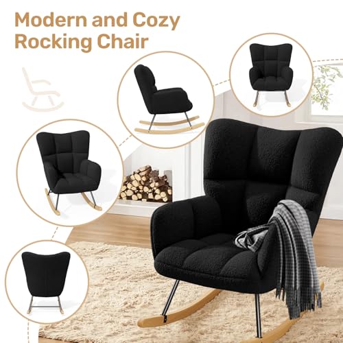 Hawthyhome Schaukelstuhl Relaxstuhl Sessel Stuhl Wohnzimmersessel, Schaukelsessel Gepolsterter Schwingsessel bis 136 kg belastbar Schwarz Lounge Chair fürs Wohnzimmer Schlafzimmer Balkon - 3