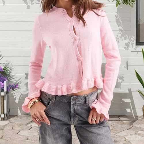 Women Cute Button Up Cardigan Y2K Ruffle Sweater Fall Crew Neck Long Sleeve Cropped Knit Tops Outerwear4