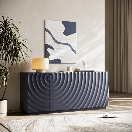 KUVADAZ 4-Door Sideboard Buffet Cabinet, 59'' Wood Kitchen Storage Cabinet Sideboard with Water Ripple Doors & Suspended Base, 2 Tiers Mid Century Modern TV Stand for Living Dining Room, Blue