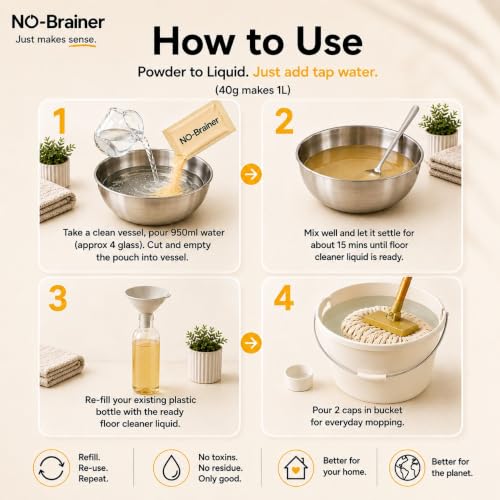 Image of No Brainer Plant-Based Floor Cleaner Concentrate Powder, Phenyl Alternative | Powder-to-Liquid, 2 Pouches Make 2 Litres, Citrus Fresh | Marble, Tiles, Wood, No Plastic Waste | Baby & Pet Safe