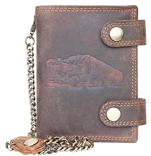 FLW Genuine Leather Trucker's Wallet with RFID (data protection), Two Buckles and a Metal Chain